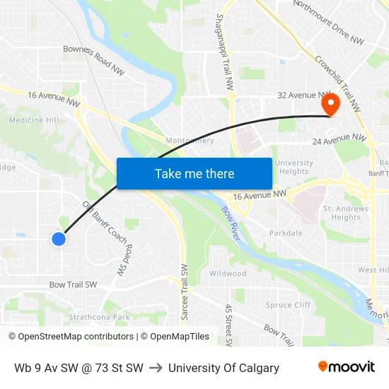 Wb 9 Av SW @ 73 St SW to University Of Calgary map