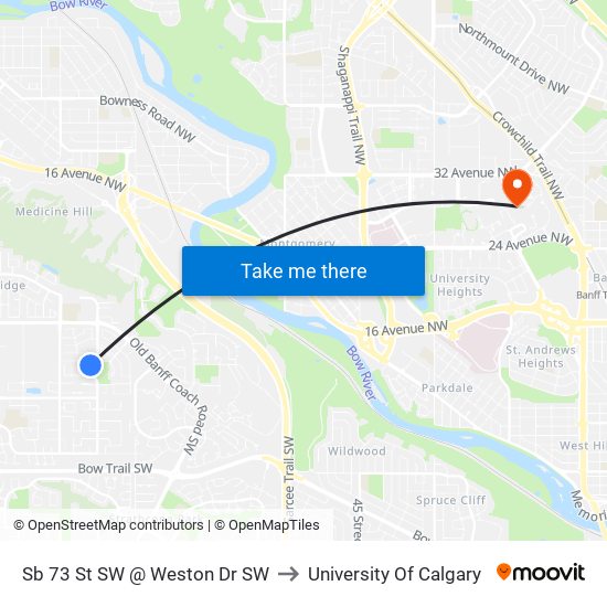 Sb 73 St SW @ Weston Dr SW to University Of Calgary map