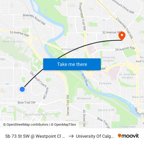 Sb 73 St SW @ Westpoint Cl SW to University Of Calgary map