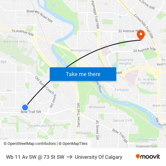 Wb 11 Av SW @ 73 St SW to University Of Calgary map