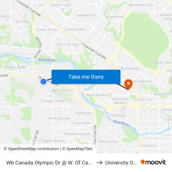 Wb Canada Olympic Dr @ W. Of Canada Olympic Rd SW to University Of Calgary map