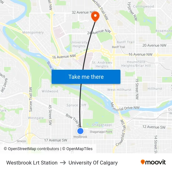 Westbrook Lrt Station to University Of Calgary map