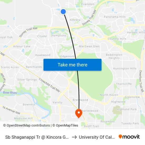 Sb Shaganappi Tr @ Kincora Ga NW to University Of Calgary map