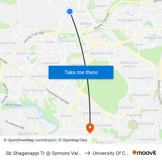 Sb Shaganappi Tr @ Symons Valley Py NW to University Of Calgary map