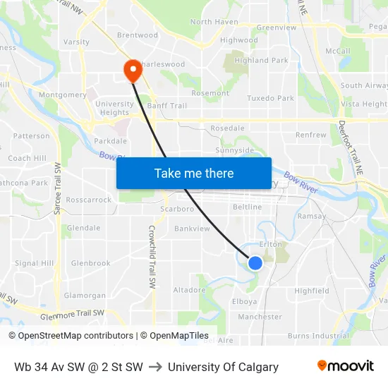 Wb 34 Av SW @ 2 St SW to University Of Calgary map