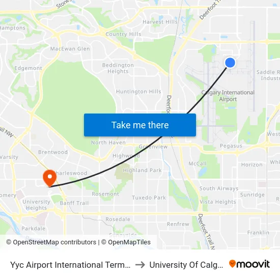 Yyc Airport International Terminal to University Of Calgary map