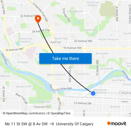 Nb 11 St SW @ 8 Av SW to University Of Calgary map