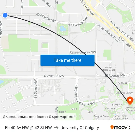 Eb 40 Av NW @ 42 St NW to University Of Calgary map
