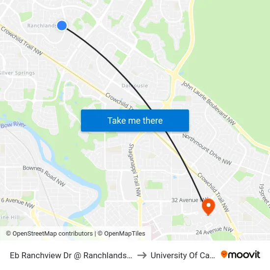 Eb Ranchview Dr @ Ranchlands Bv NW to University Of Calgary map