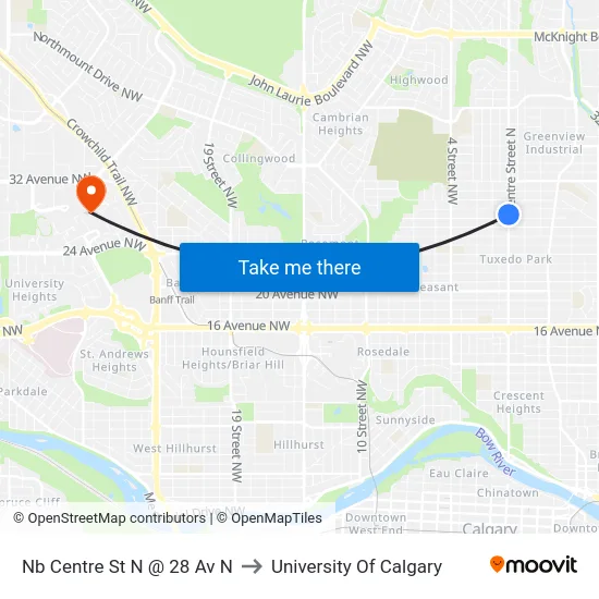 Nb Centre St N @ 28 Av N to University Of Calgary map