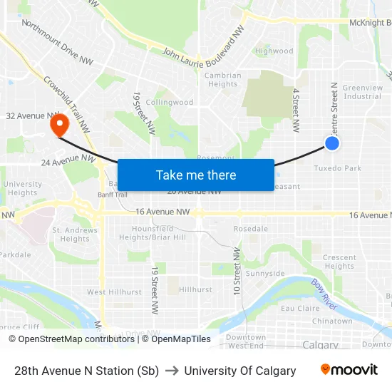 28th Avenue N Station (Sb) to University Of Calgary map