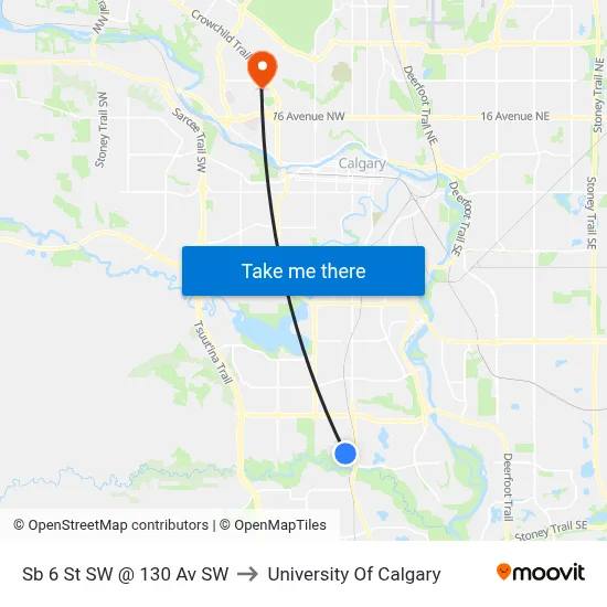 Sb 6 St SW @ 130 Av SW to University Of Calgary map