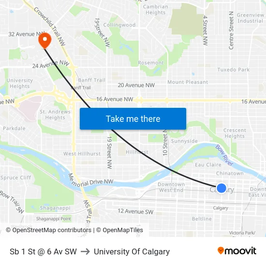 Sb 1 St @ 6 Av SW to University Of Calgary map