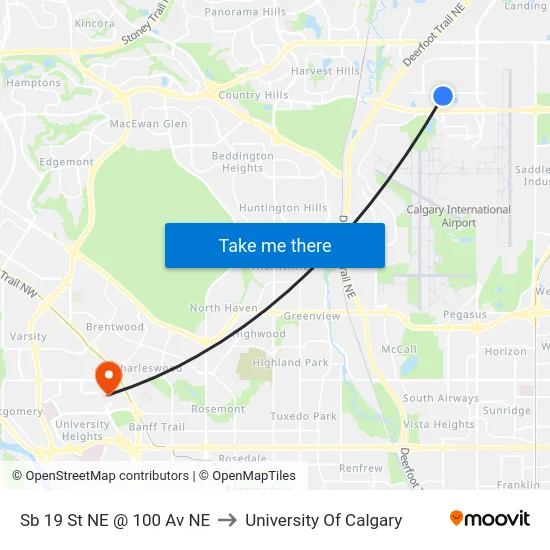 Sb 19 St NE @ 100 Av NE to University Of Calgary map