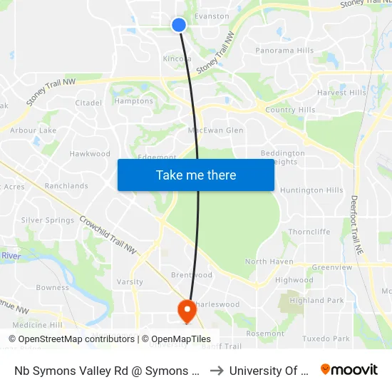 Nb Symons Valley Rd @ Symons Valley Py NW to University Of Calgary map