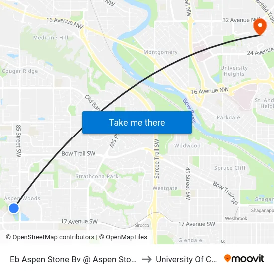 Eb Aspen Stone Bv @ Aspen Stone Rd SW to University Of Calgary map