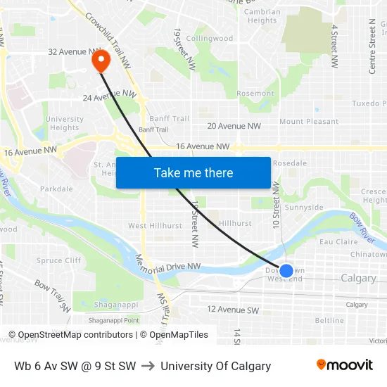 Wb 6 Av SW @ 9 St SW to University Of Calgary map