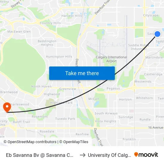 Eb Savanna Bv @ Savanna Cm NE to University Of Calgary map