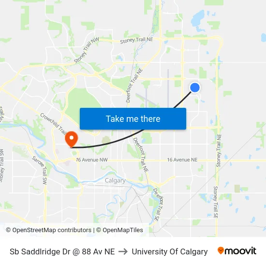 Sb Saddlridge Dr @ 88 Av NE to University Of Calgary map