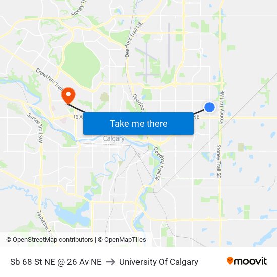 Sb 68 St NE @ 26 Av NE to University Of Calgary map