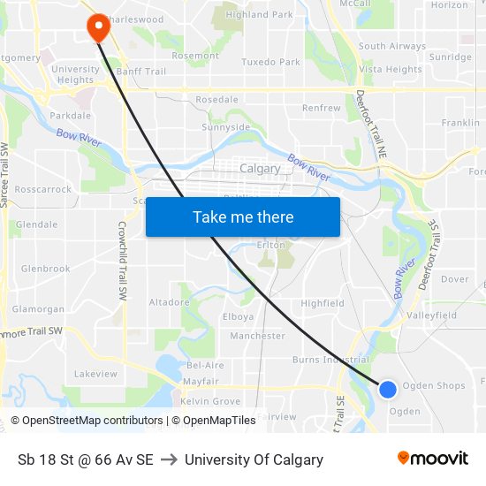 Sb 18 St @ 66 Av SE to University Of Calgary map