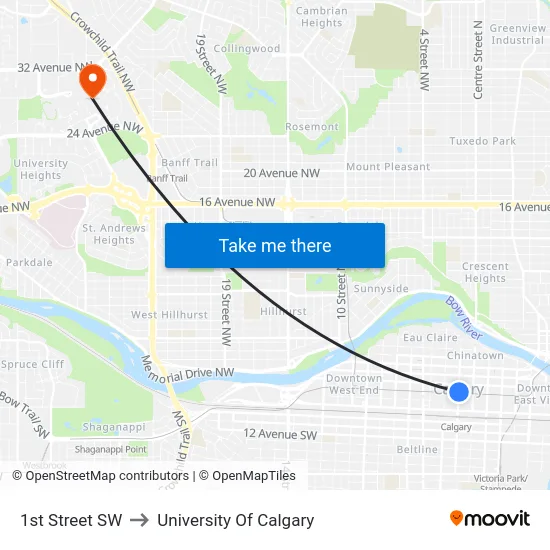 1st Street SW to University Of Calgary map