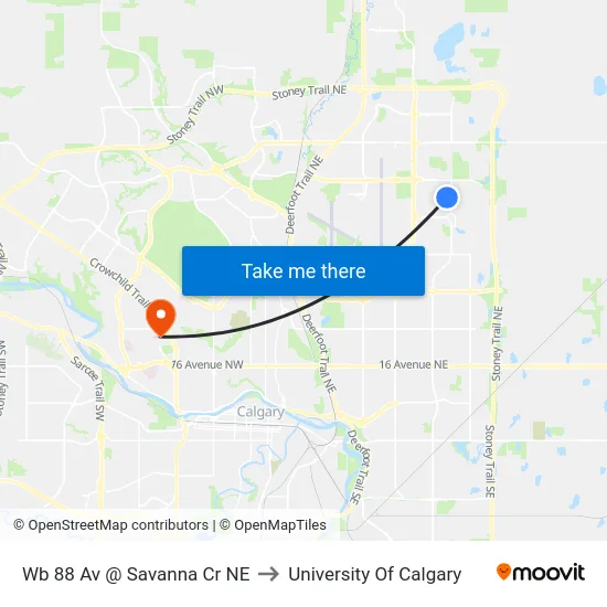 Wb 88 Av @ Savanna Cr NE to University Of Calgary map