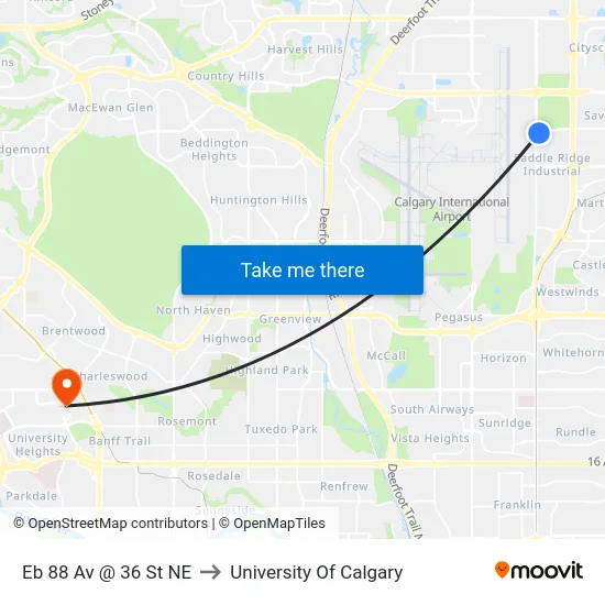 Eb 88 Av @ 36 St NE to University Of Calgary map