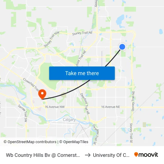 Wb Country Hills Bv @ Cornerstone St NE to University Of Calgary map