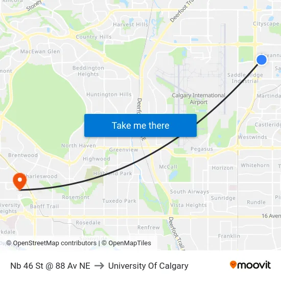 Nb 46 St @ 88 Av NE to University Of Calgary map