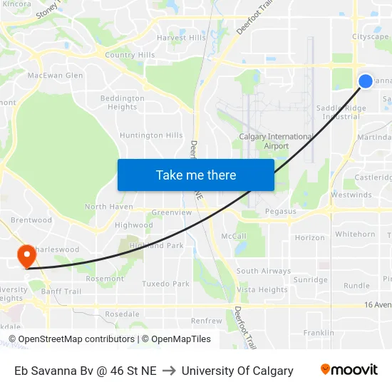 Eb Savanna Bv @ 46 St NE to University Of Calgary map