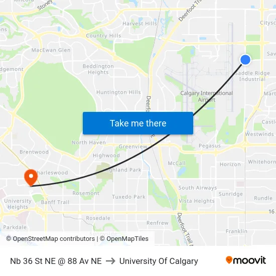 Nb 36 St NE @ 88 Av NE to University Of Calgary map