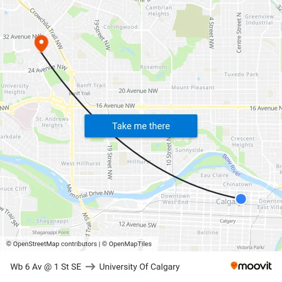 Wb 6 Av @ 1 St SE to University Of Calgary map