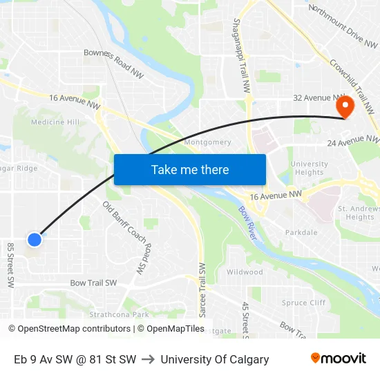 Eb 9 Av SW @ 81 St SW to University Of Calgary map