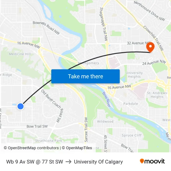 Wb 9 Av SW @ 77 St SW to University Of Calgary map