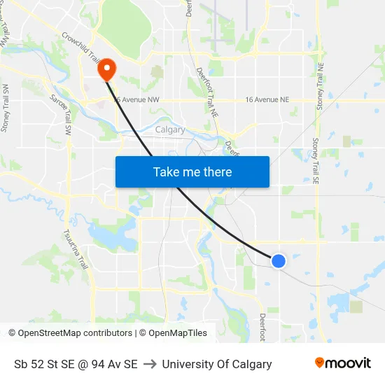 Sb 52 St SE @ 94 Av SE to University Of Calgary map