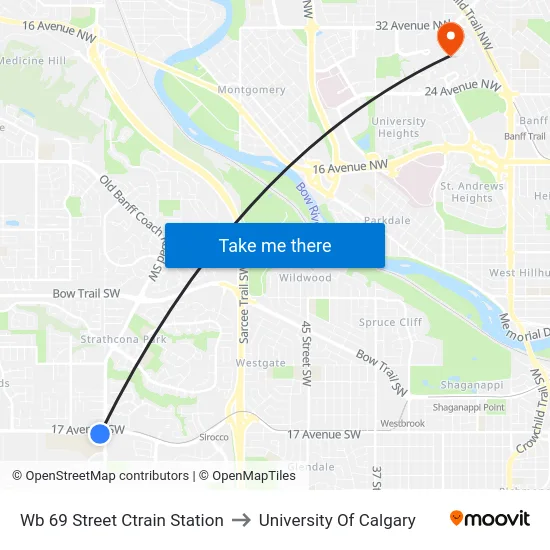 Wb 69 Street Ctrain Station to University Of Calgary map