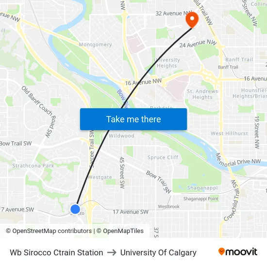 Wb Sirocco Ctrain Station to University Of Calgary map