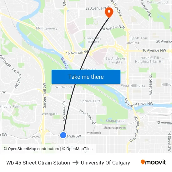 Wb 45 Street Ctrain Station to University Of Calgary map