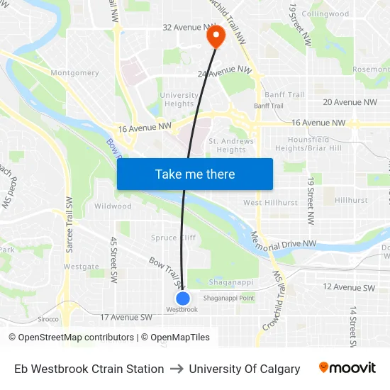 Eb Westbrook Ctrain Station to University Of Calgary map