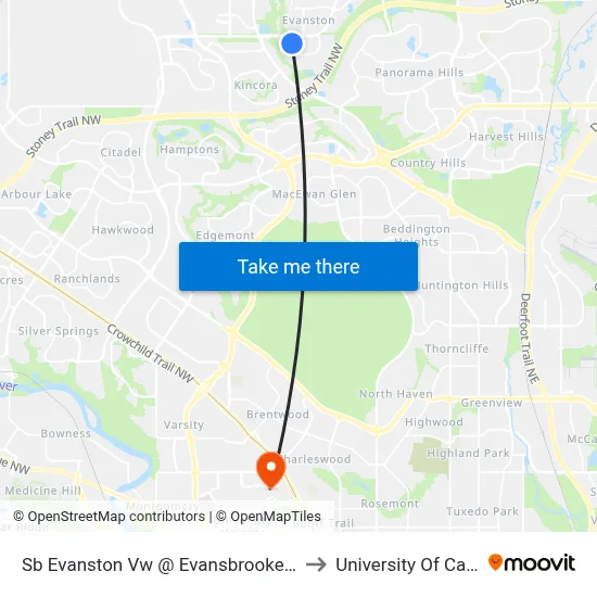 Sb Evanston Vw @ Evansbrooke Wy NW to University Of Calgary map