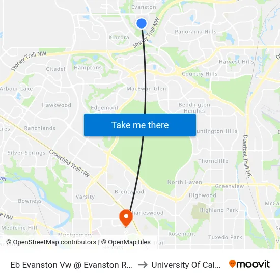 Eb Evanston Vw @ Evanston Ri NW to University Of Calgary map