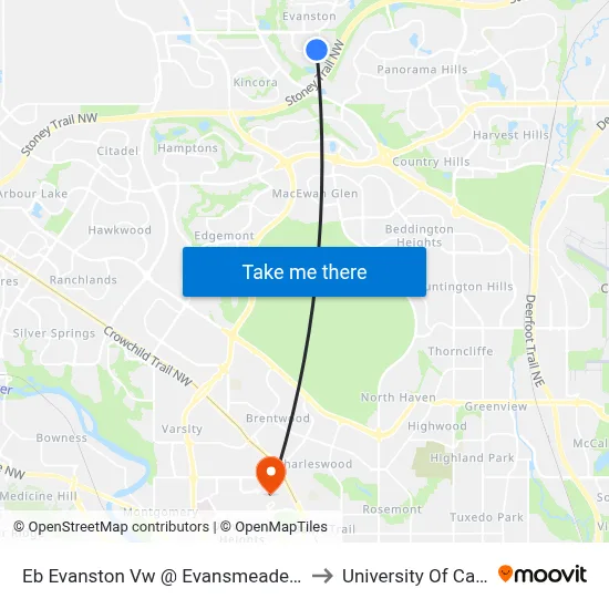 Eb Evanston Vw @ Evansmeade Wy NW to University Of Calgary map