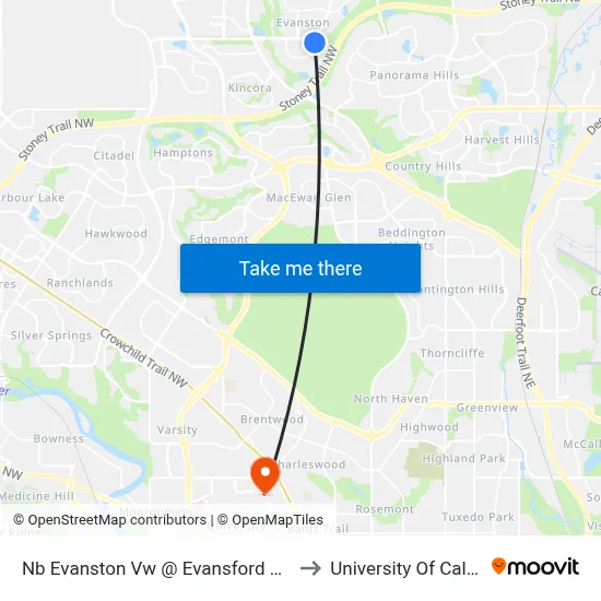 Nb Evanston Vw @ Evansford Rd NW to University Of Calgary map