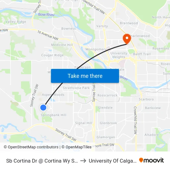Sb Cortina Dr @ Cortina Wy SW to University Of Calgary map