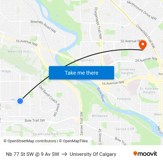 Nb 77 St SW @ 9 Av SW to University Of Calgary map