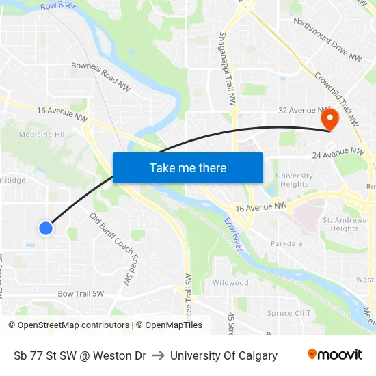 Sb 77 St SW @ Weston Dr to University Of Calgary map