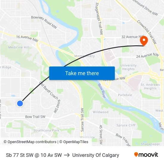 Sb 77 St SW @ 10 Av SW to University Of Calgary map