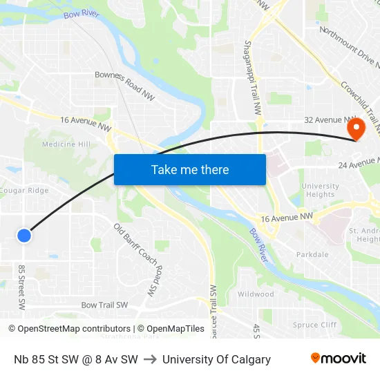 Nb 85 St SW @ 8 Av SW to University Of Calgary map