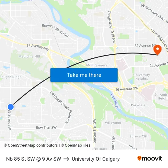 Nb 85 St SW @ 9 Av SW to University Of Calgary map